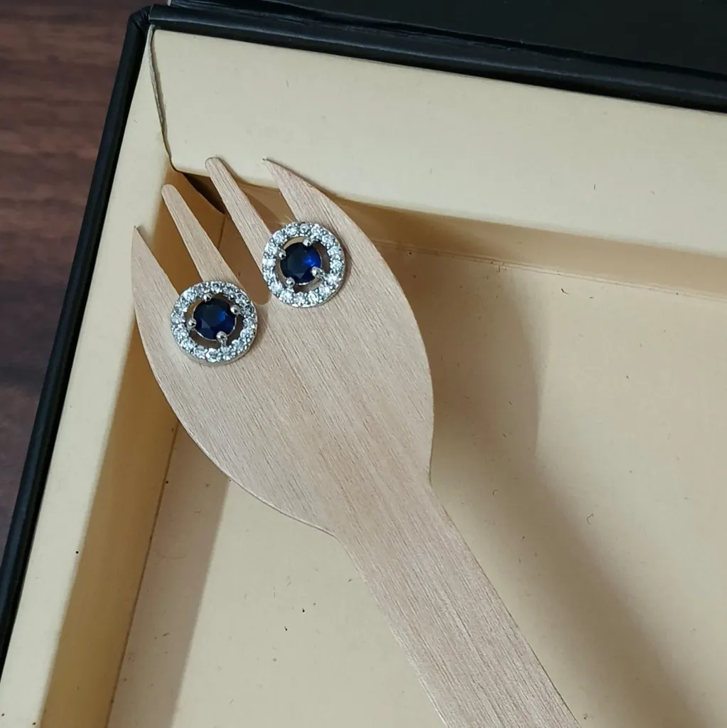 [ADES008] Silver-Toned American Diamond Halo Stud Earrings (Navy Blue)