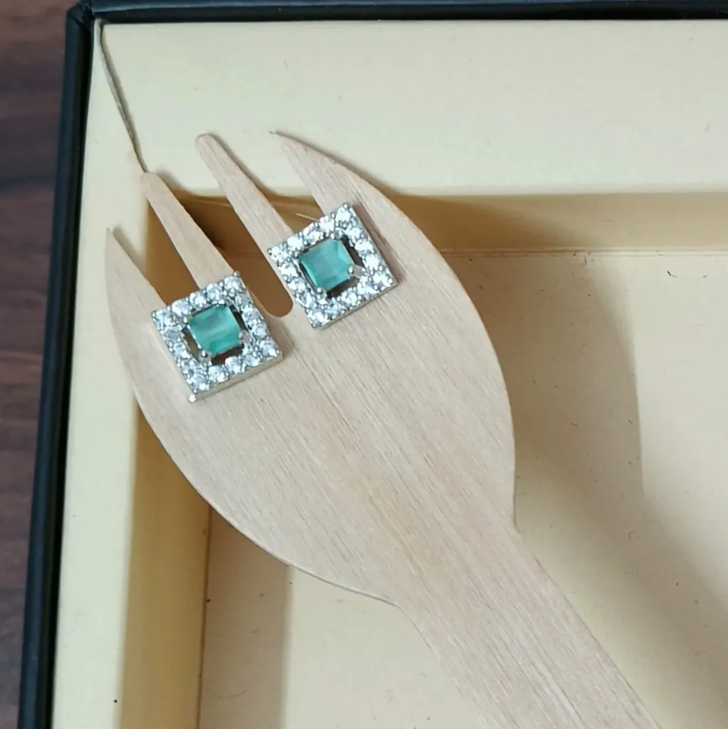 Silver-Toned Square American Diamond Halo Stud Earrings