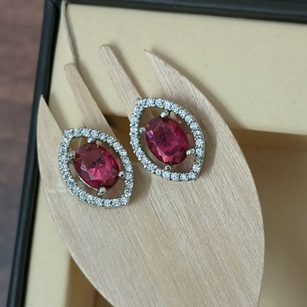 Silver-Toned Oval Cut American Diamond Halo Stud Earrings