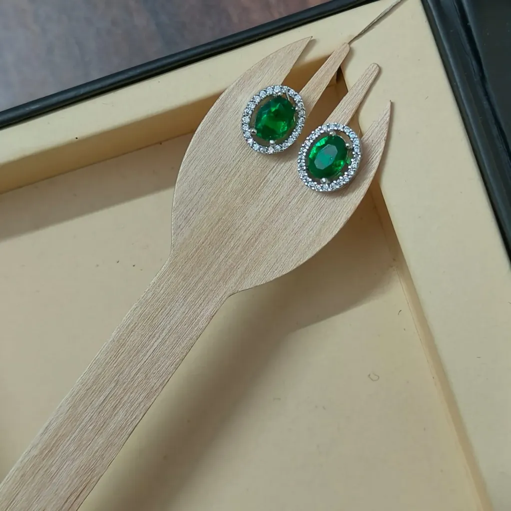 Silver-Toned Oval Cut Coloured Stone Halo Stud Earrings