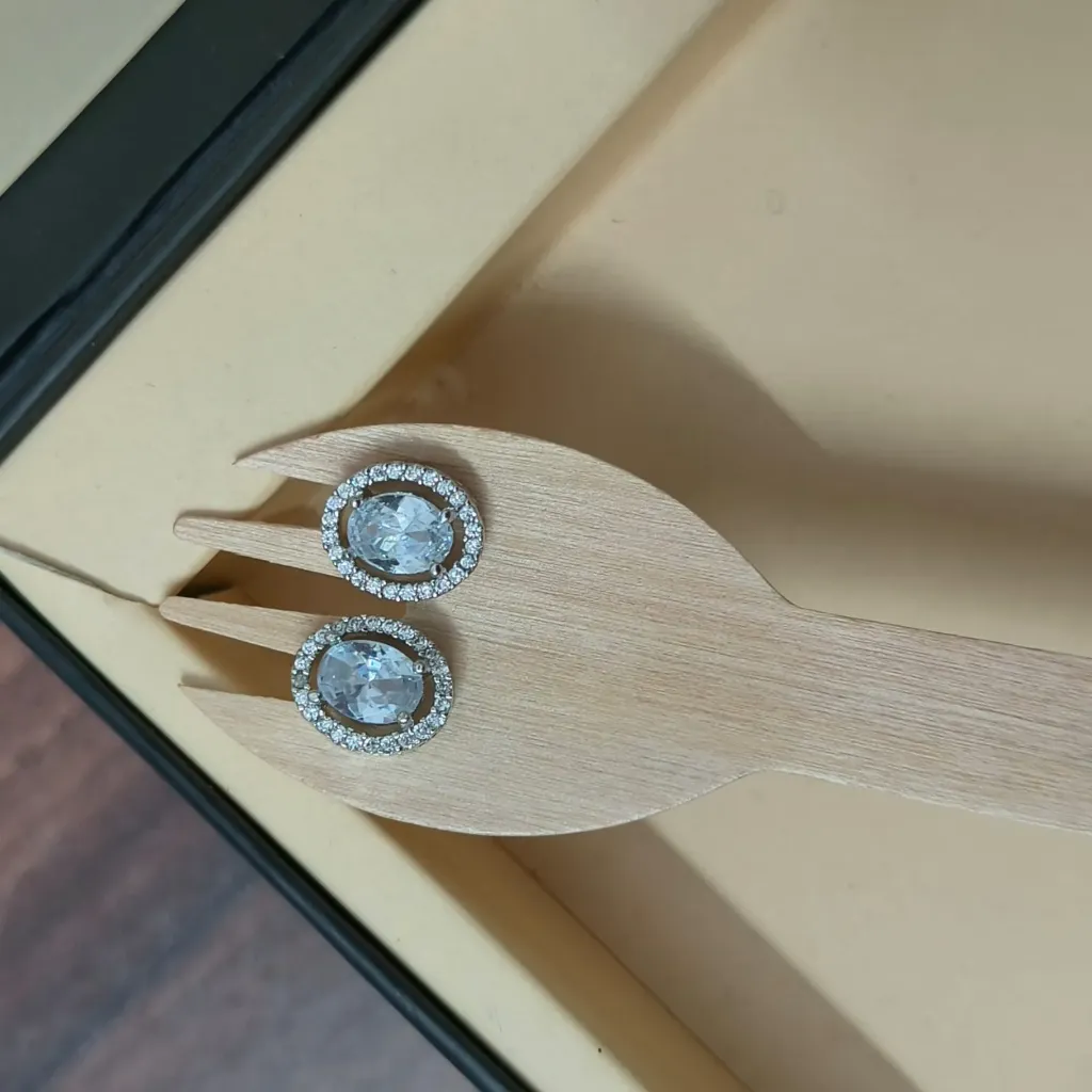 Silver-Toned Oval Cut Coloured Stone Halo Stud Earrings