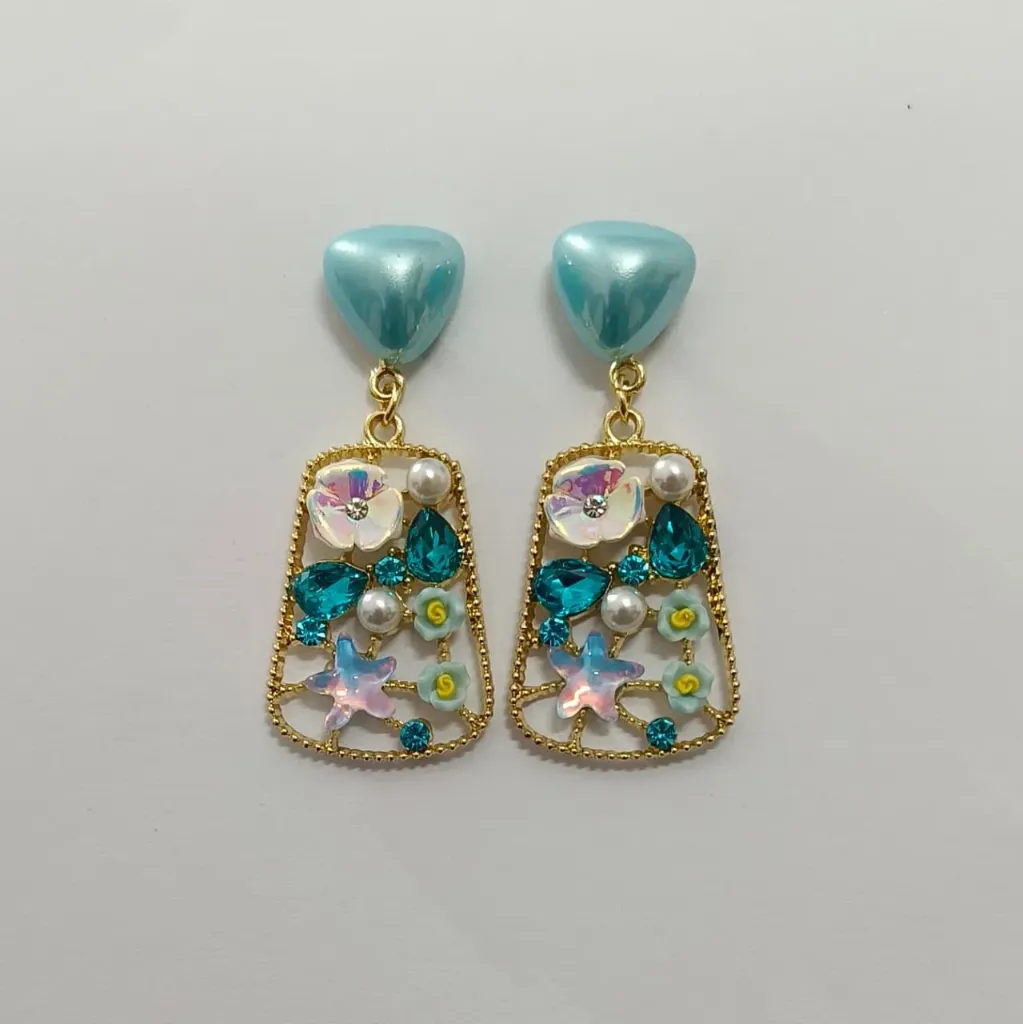 [ATEG022] Floral Embellished Statement Drop Earrings – Anti Tarnish (Aqua Blue)