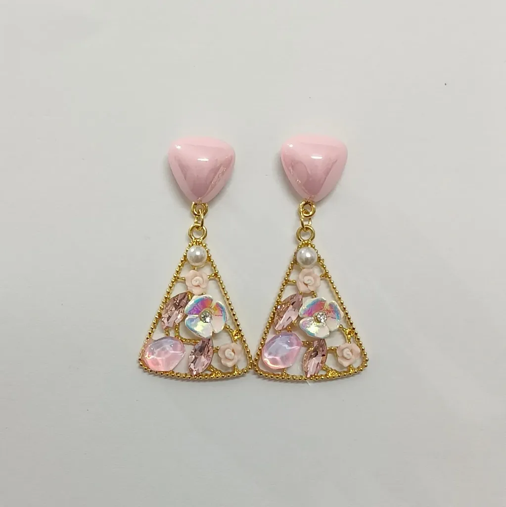 Floral Blossom Crystal Triangle Drop Earrings – Anti Tarnish