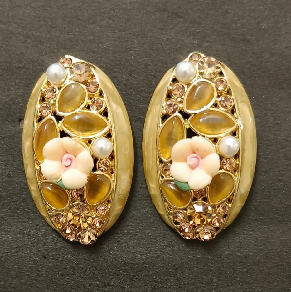 [ATEG035] Floral Embellished Oval Stud Earrings – Anti Tarnish (Gold)