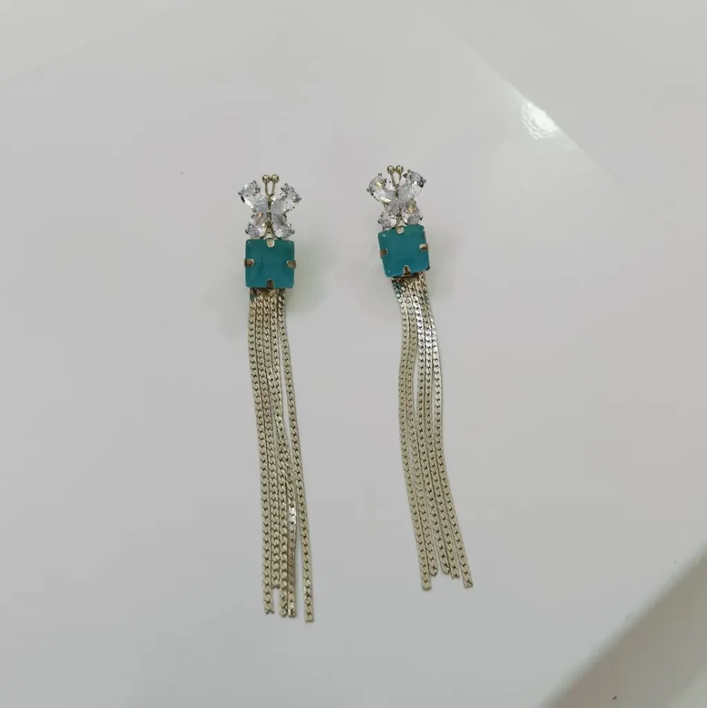 [ATES014] Aqua Crystal Tassel Drop Earrings – Anti Tarnish