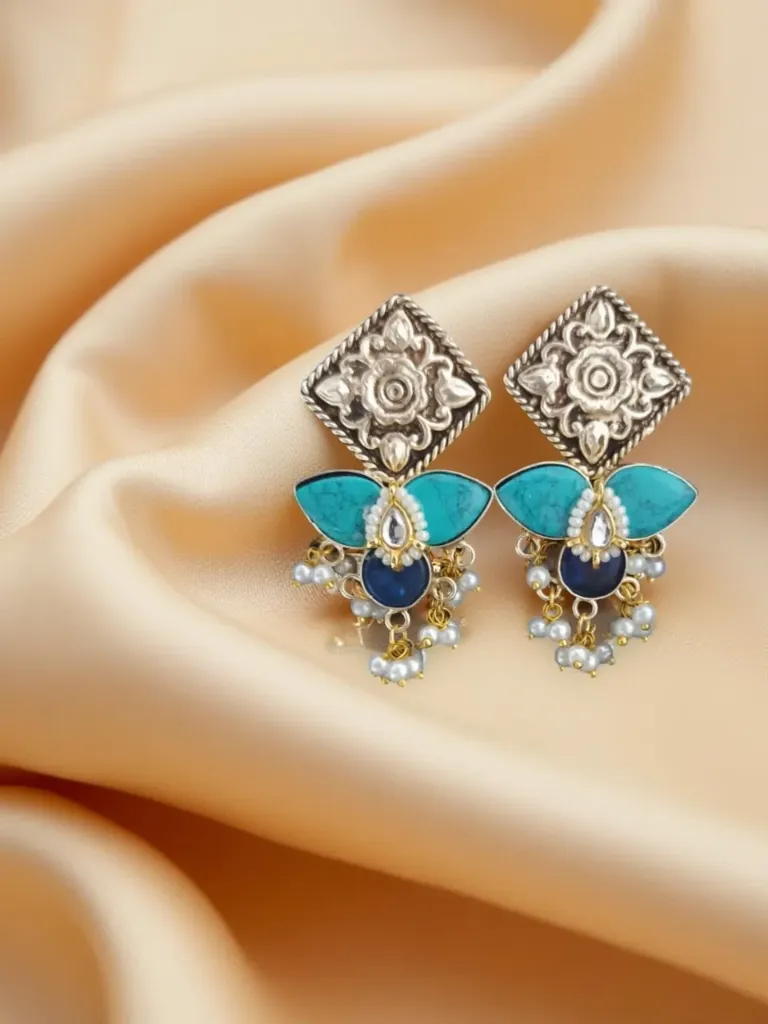 [KE019] Kashmiri Floral Pearl Drop Earrings (Blue)