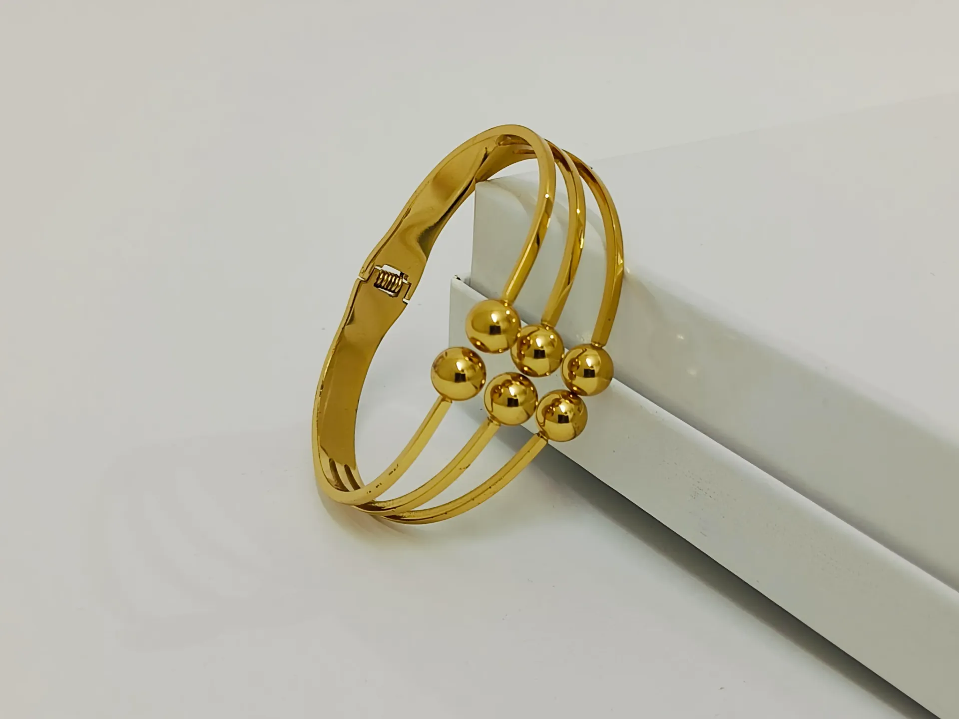 Gold Finish Multi-Band Ball Detail Anti Tarnish Bracelet