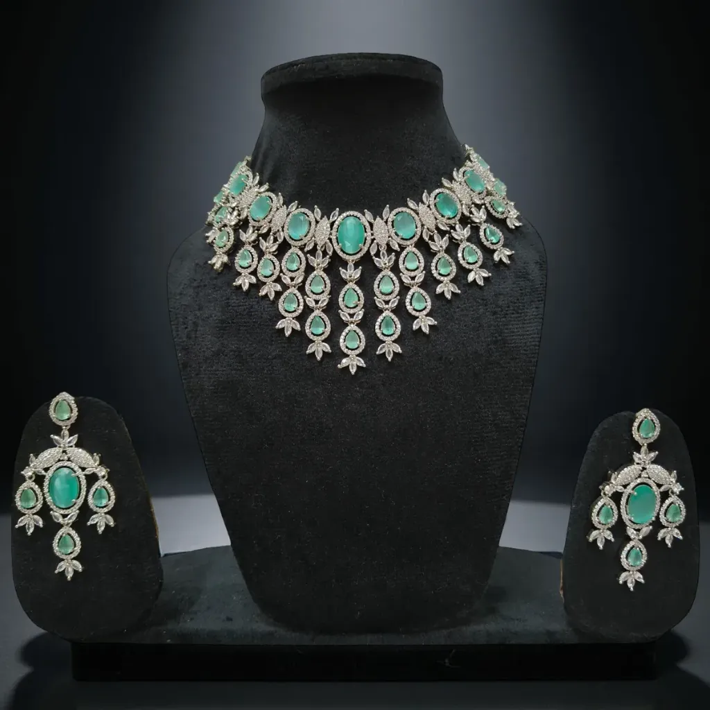 [SAD005] Emerald Drop Statement American Diamond Necklace Set