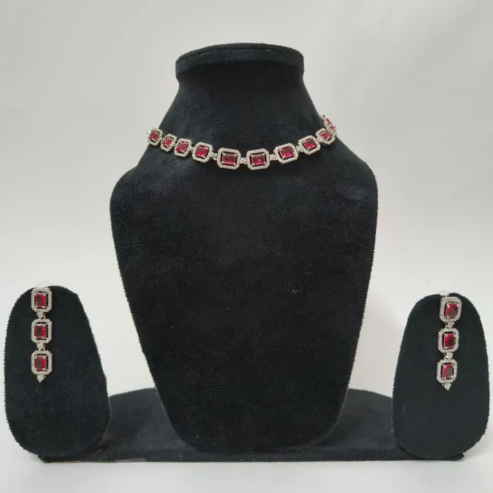[SAD012] Ruby Radiance Link Necklace Set – American Diamond