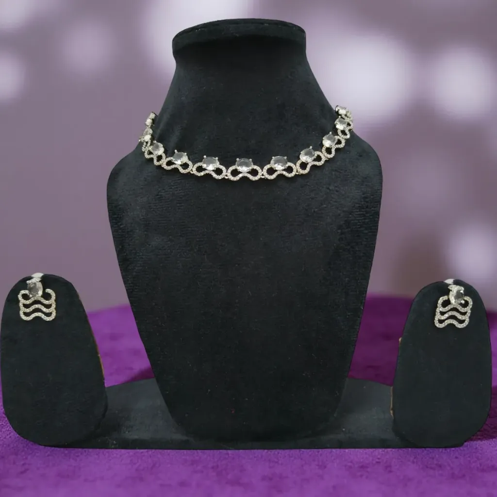 [SAD015] Crystal Wave Elegance Necklace Set – American Diamond