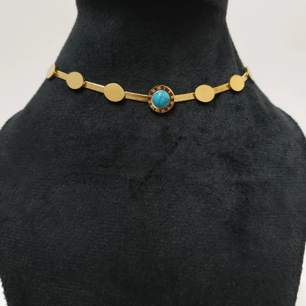 [CG014] Turquoise Disc Gold Chain Necklace – Modern Elegance