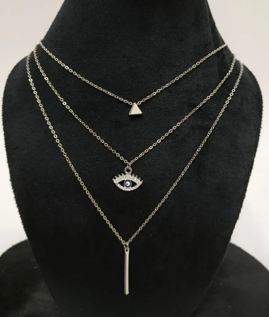 [CS001] Evil Eye Layered Silver Necklace – Triple Chain Design