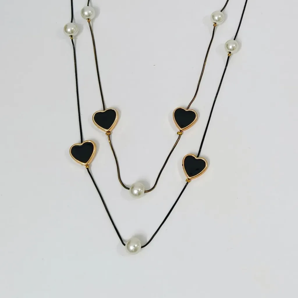 [CB002] Midnight Heart Pearl Layered Necklace